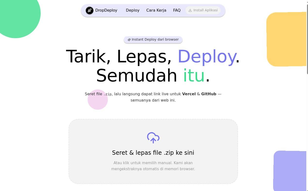 Tampilan dropdeploy: hero tarik dan lepas .zip