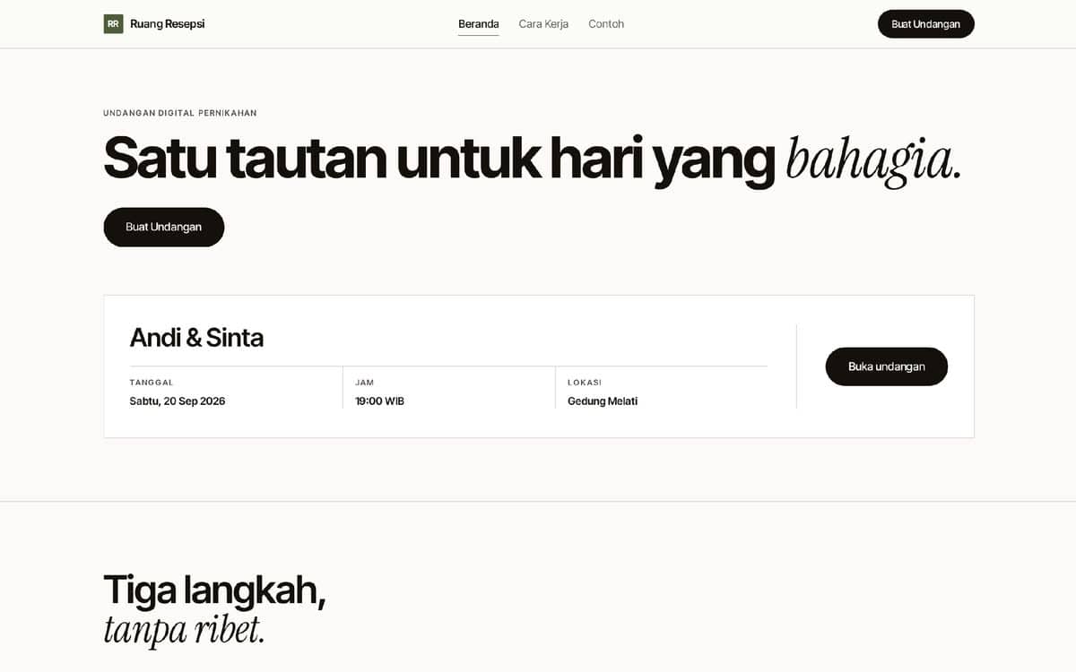 Tampilan ruang-resepsi: hero undangan digital bertema olive